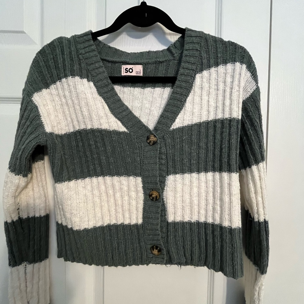 SO girl’s Green and White Striped Cardigan
